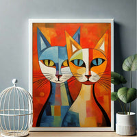 Cubist Cat Abstract Blue Orange Minimalist Design - Vibrantwalls