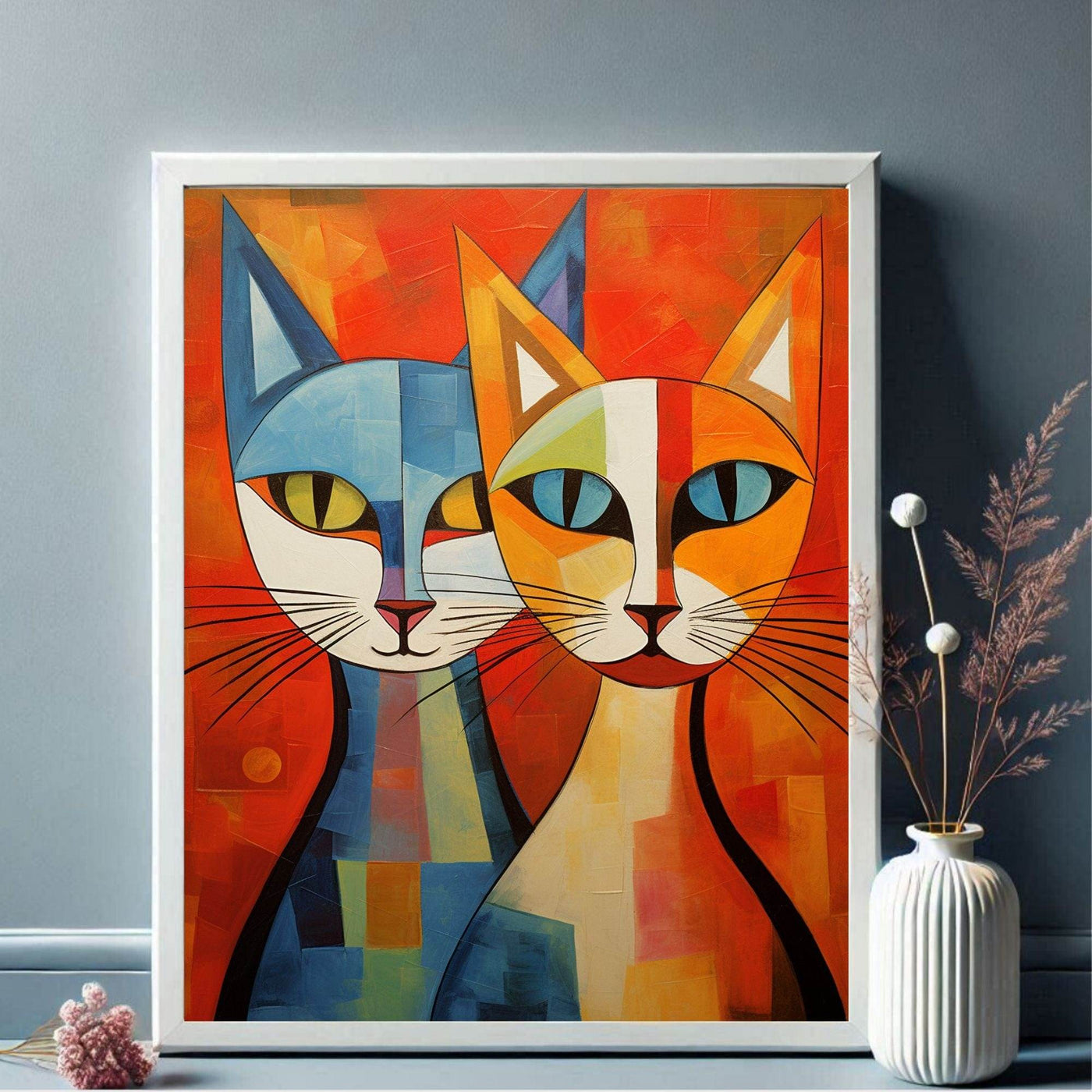 Cubist Cat Abstract Blue Orange Minimalist Design - Vibrantwalls