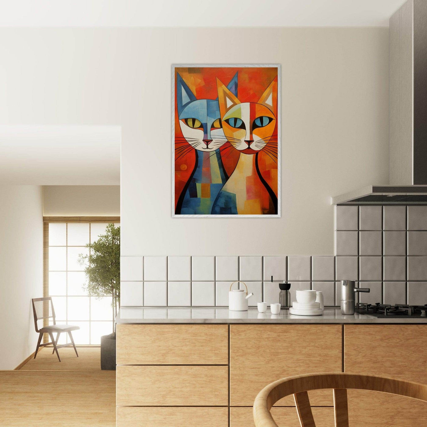Cubist Cat Abstract Blue Orange Minimalist Design - Vibrantwalls