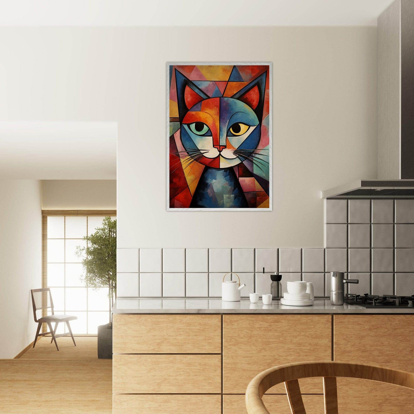 Cubist Cat Art - Abstract Blue Orange Modern Feline Print - Vibrantwalls