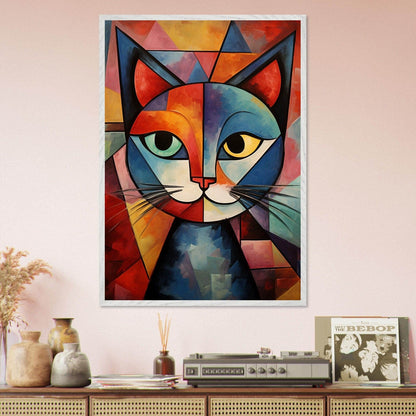 Cubist Cat Art Abstract Blue Orange Modern Feline Picasso Wall Art - Vibrantwalls