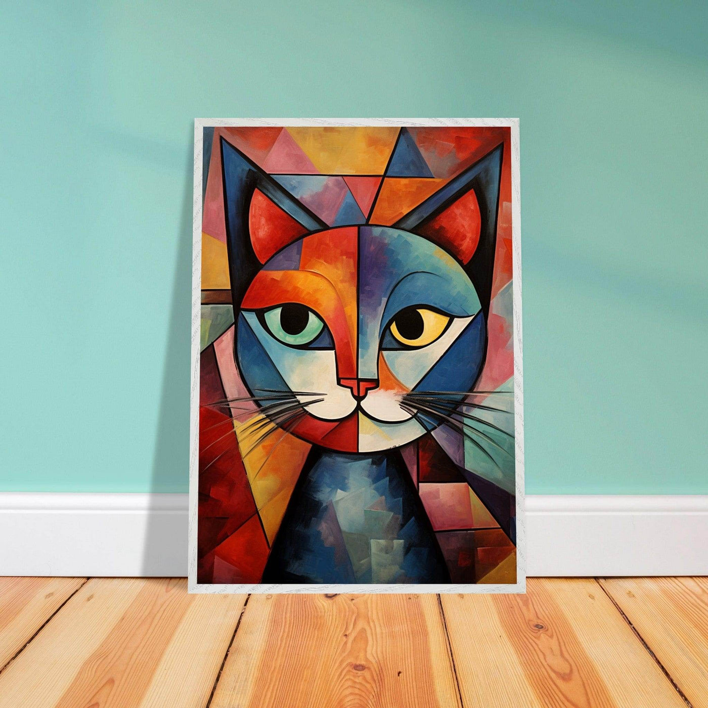 Cubist Cat Art - Abstract Blue Orange Modern Feline Print - Vibrantwalls