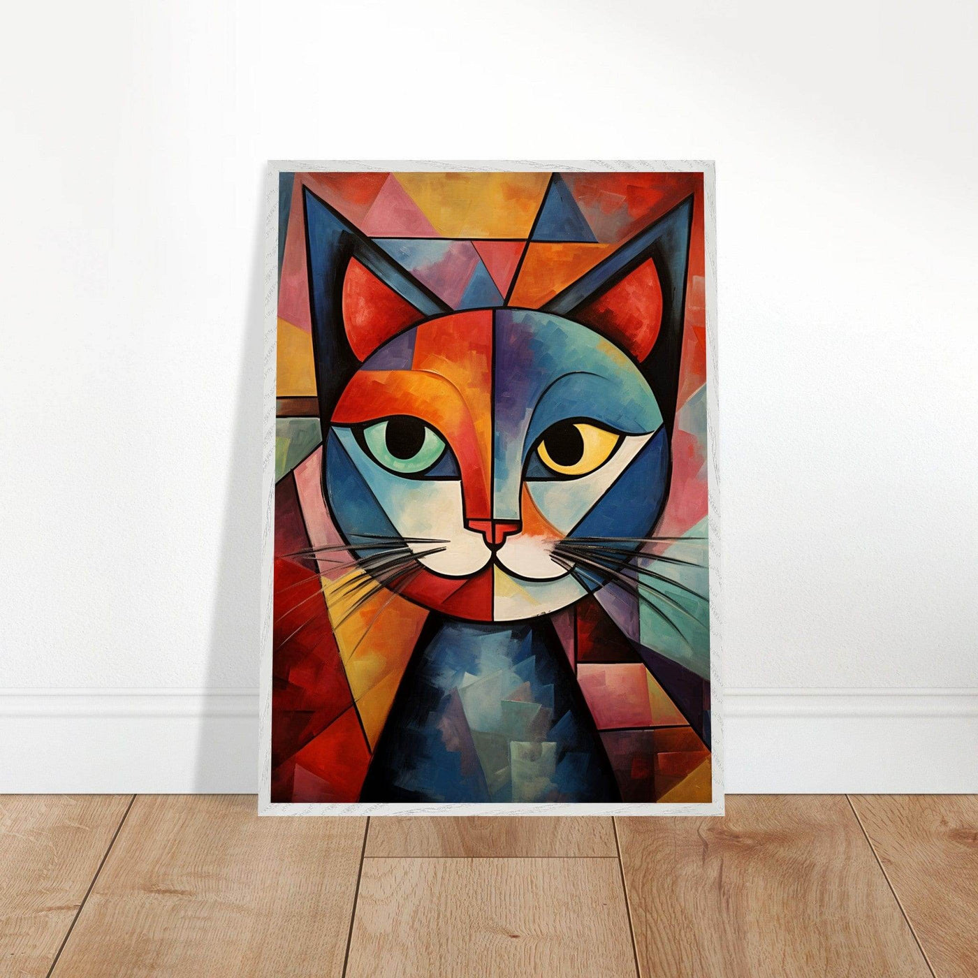 Cubist Cat Art - Abstract Blue Orange Modern Feline Print - Vibrantwalls
