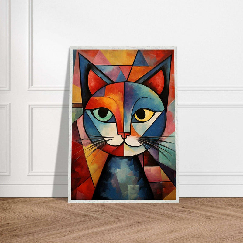 Cubist Cat Art Abstract Blue Orange Modern Feline Picasso Wall Art - Vibrantwalls