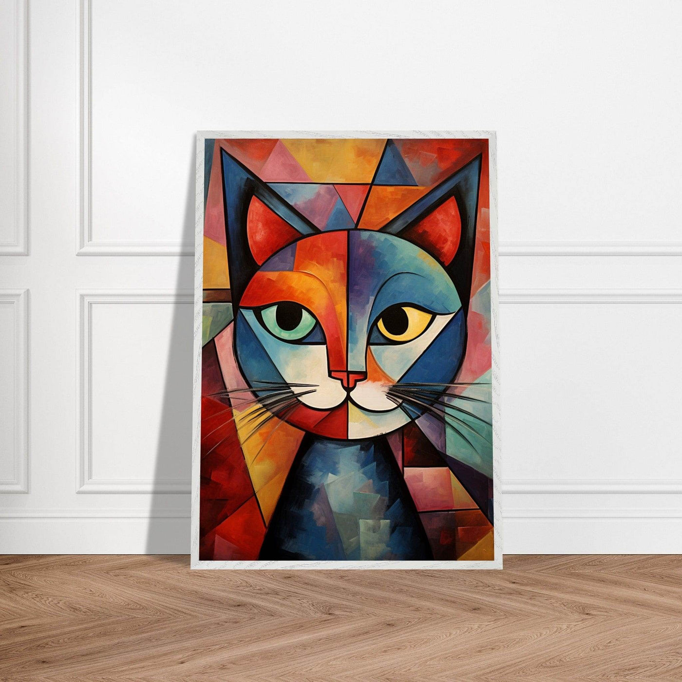 Cubist Cat Art - Abstract Blue Orange Modern Feline Print - Vibrantwalls