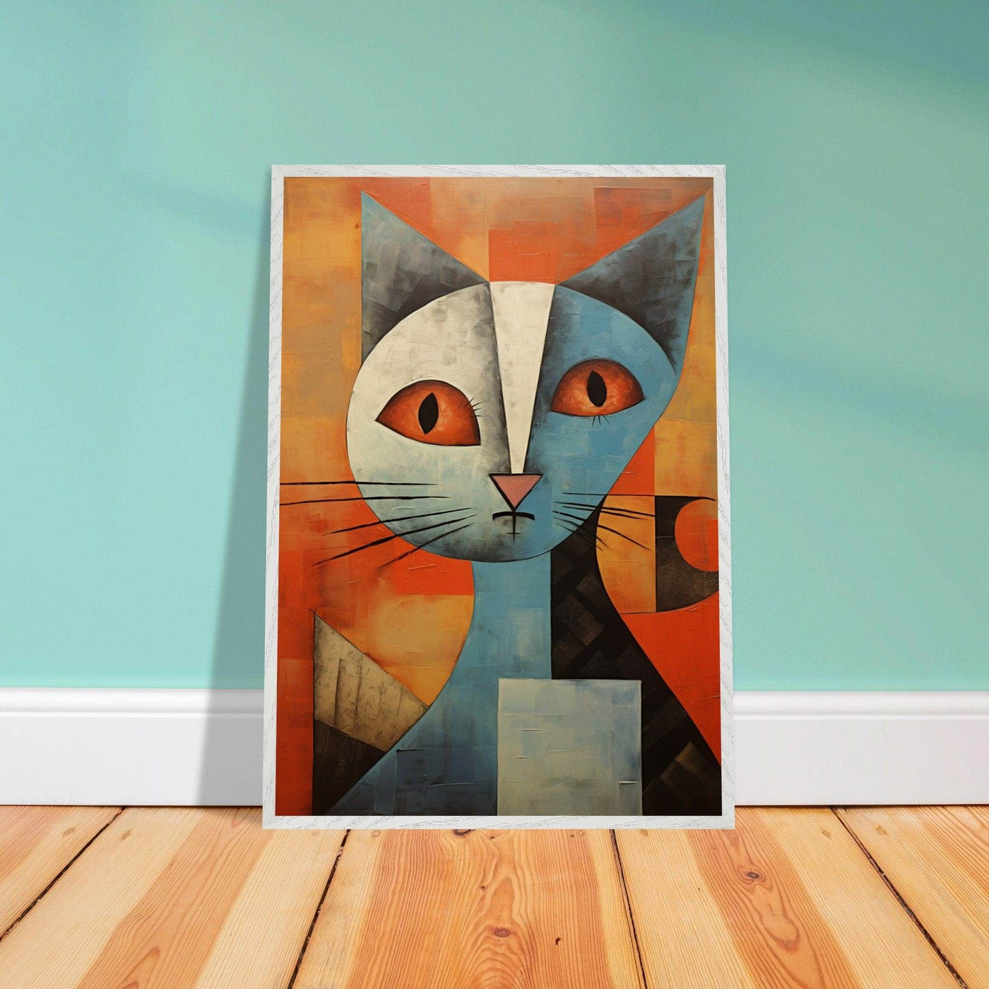 Cubist Cat Print - Abstract Blue and Orange Vibrant Wall Art - Vibrantwalls