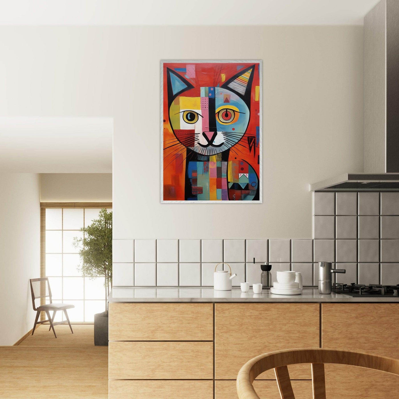 Cubist Cat Portrait in Vibrant Blue and Orange – Artistic Feline Artwork - Vibrantwalls