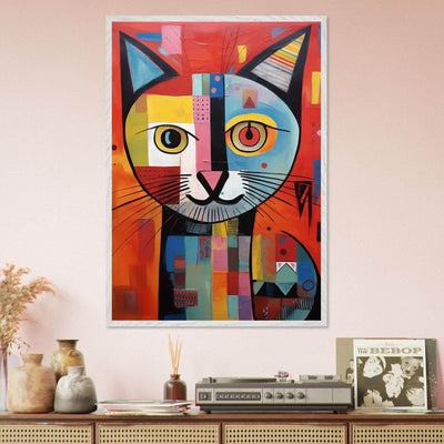 Cubist Cat Portrait in Vibrant Blue and Orange – Artistic Feline Artwork - Vibrantwalls