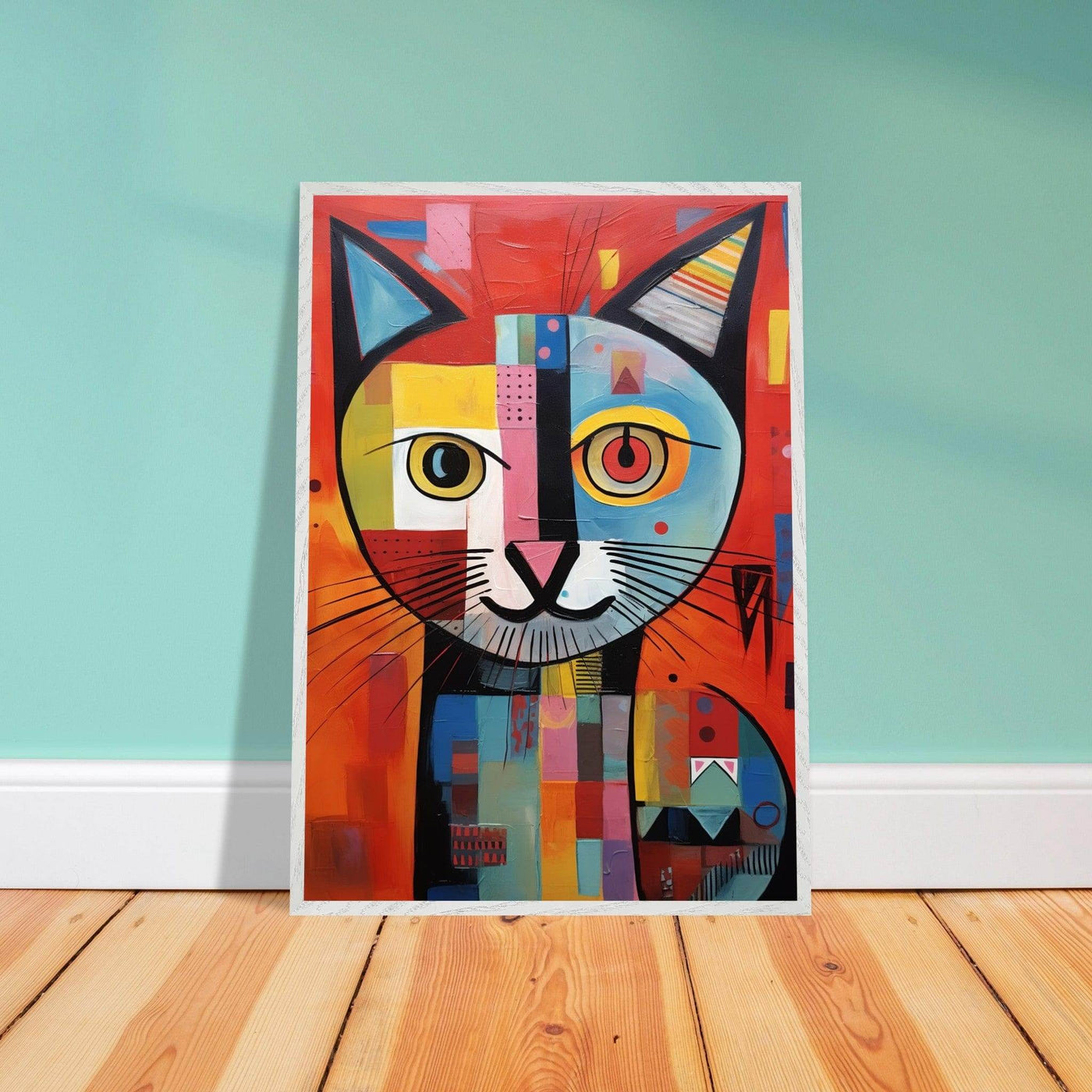 Cubist Cat Portrait in Vibrant Blue and Orange – Artistic Feline Artwork - Vibrantwalls