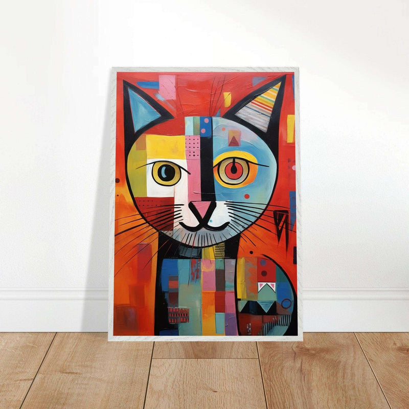Cubist Cat Portrait in Vibrant Blue and Orange – Artistic Feline Artwork - Vibrantwalls