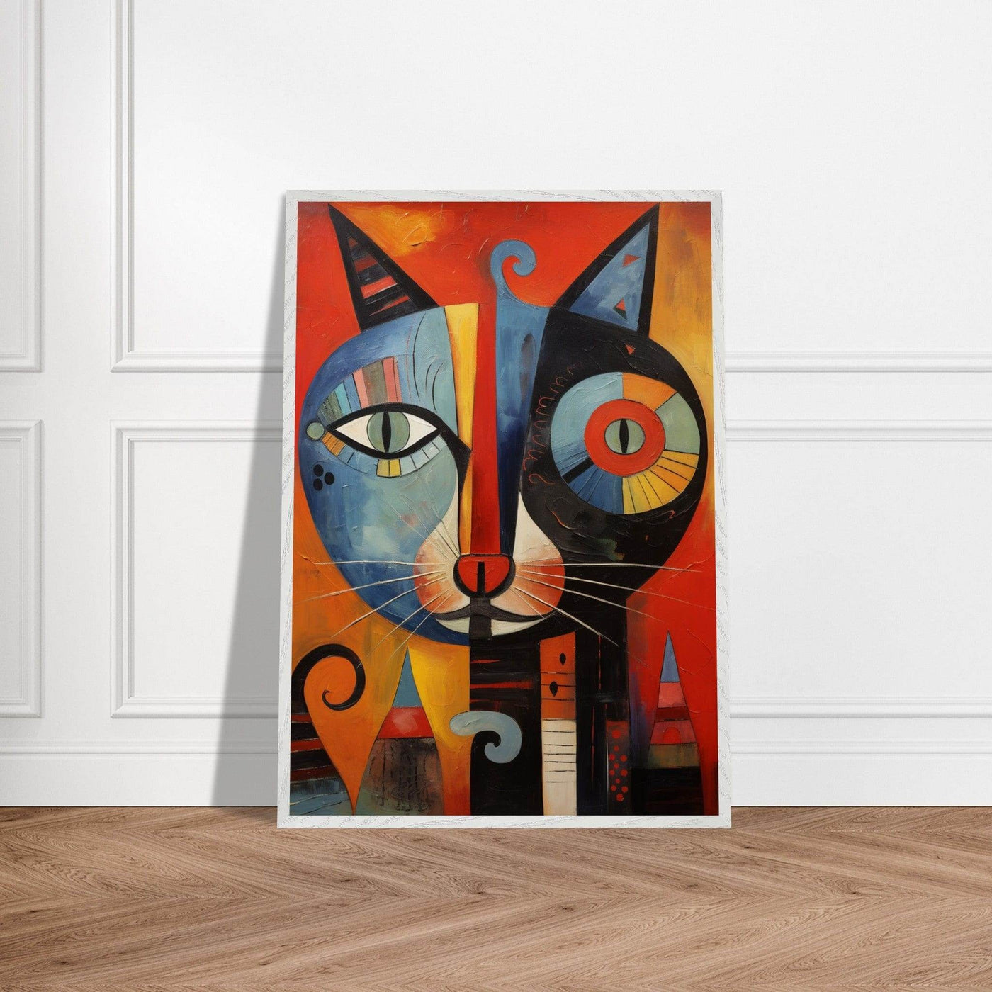 Cubist Cat Artwork in Blue and Orange - Unique Art Piece for Cat Lovers - Vibrantwalls