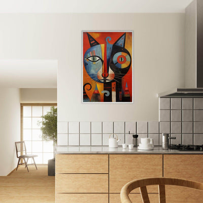 Cubist Cat Artwork in Blue and Orange - Unique Art Piece for Cat Lovers - Vibrantwalls