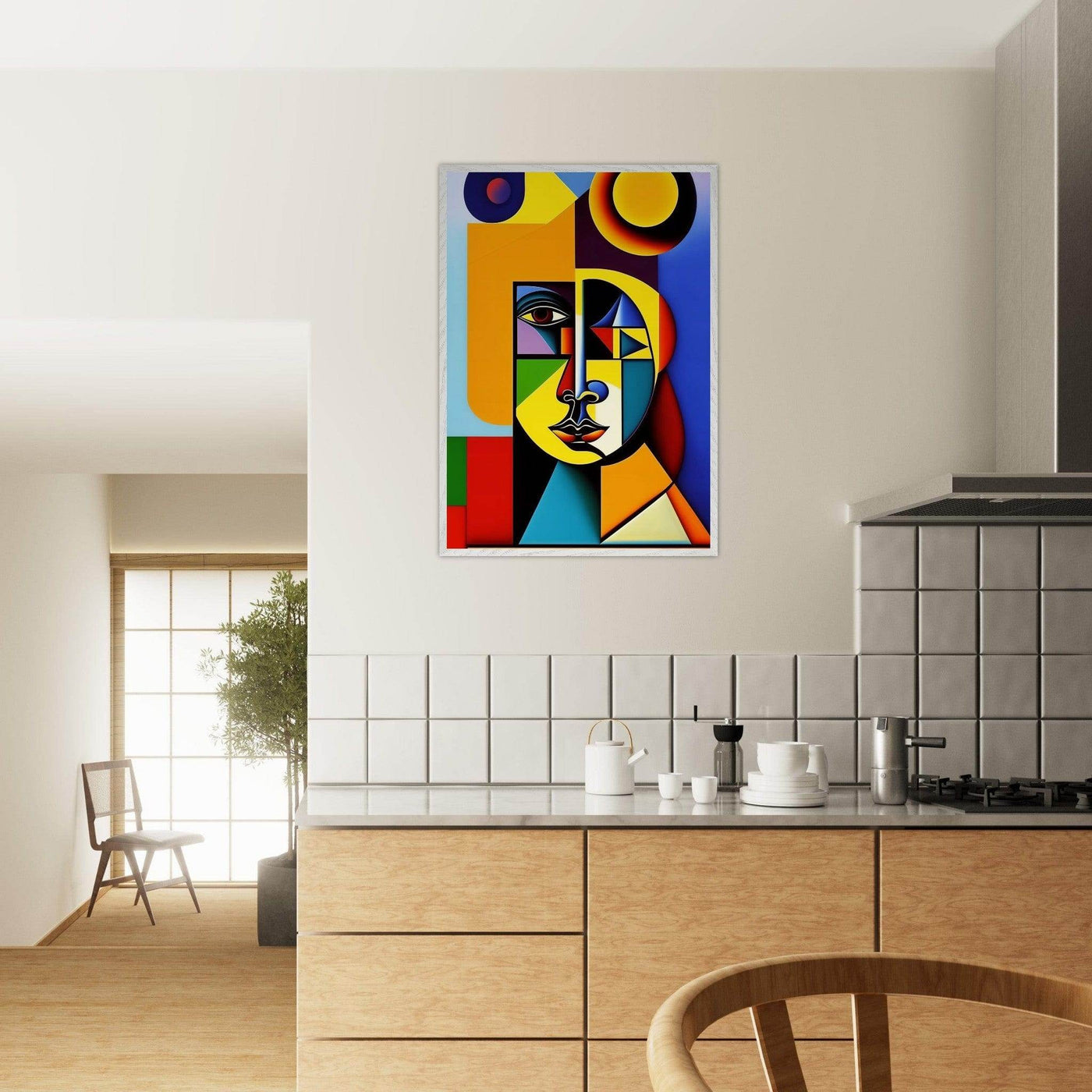 Cubist Cat Painting - Blue Orange Feline Portrait - Vibrantwalls